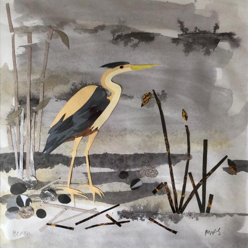 Heron collage and watercolour